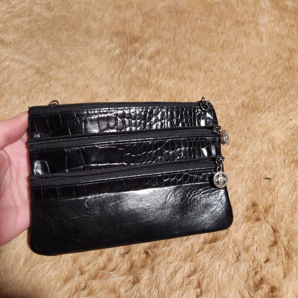 Brighton Black Croc Embossed Leather Triple Zipper Wristlet Clutch Purse With De